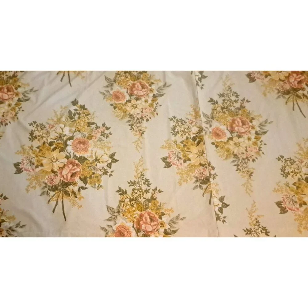 Vintage Curtain Panel Handmade Yellow Pink Floral Rose Bouquet Cottage 80x37